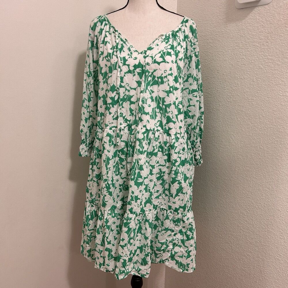 Sonoma XL Green Floral Peasant Mini Dress Boho Babydoll Cottagecore 100% Cotton